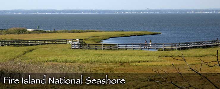 Wetlands, boardwalks and a view across Long Island Sound at Fire Island National Seashore